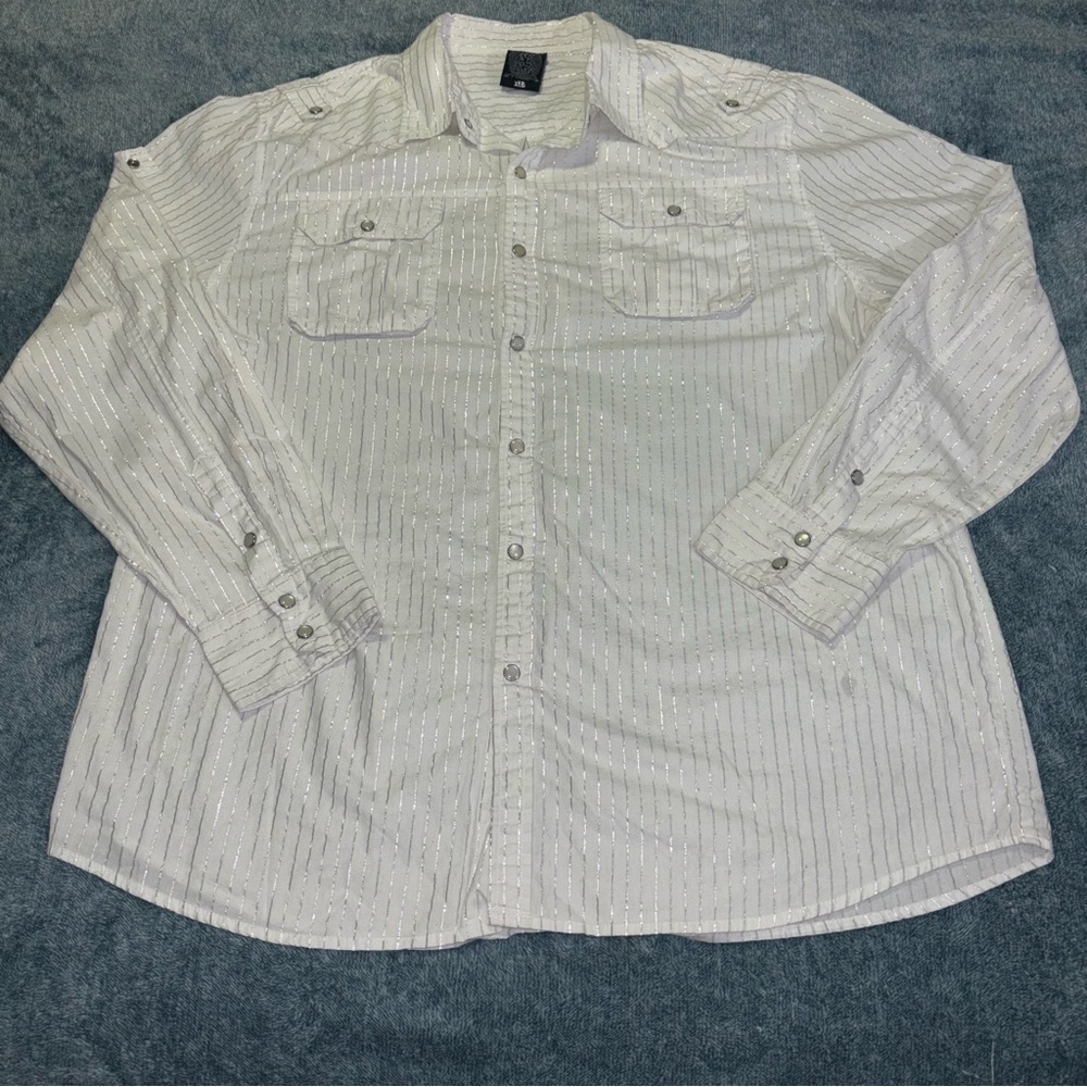 Green Tek Men’s Trucker Style  Shirt White with Metallic Silver Stripes Size 3XL